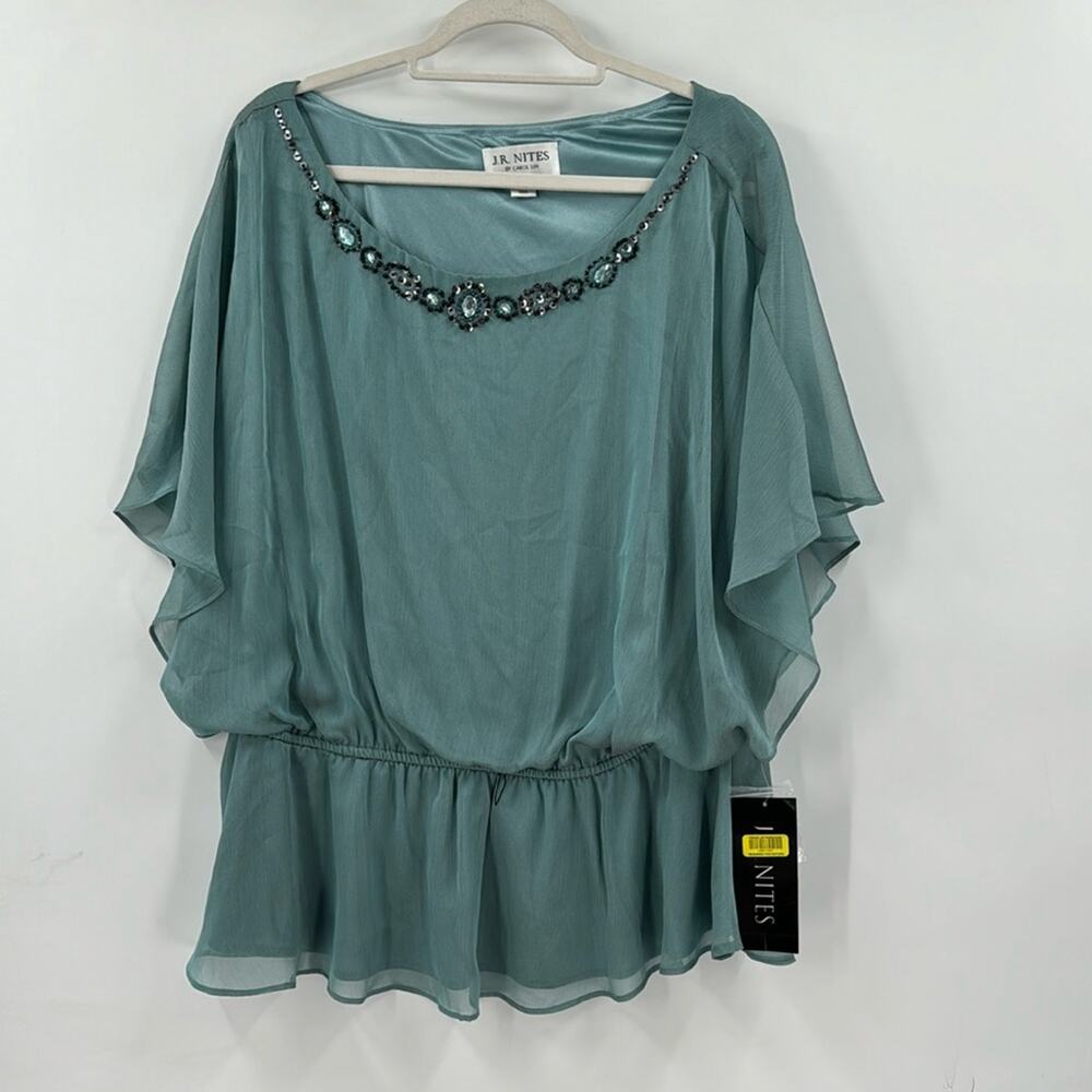 JR Nites Teal Embellished Chiffon Blouse